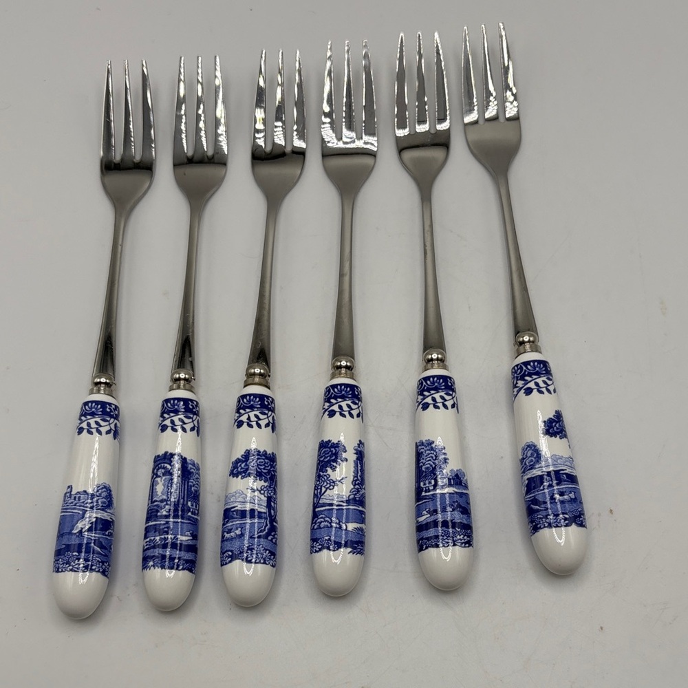 Spode Blue Italian Pastry Ceramic Handle Fork Set of 6